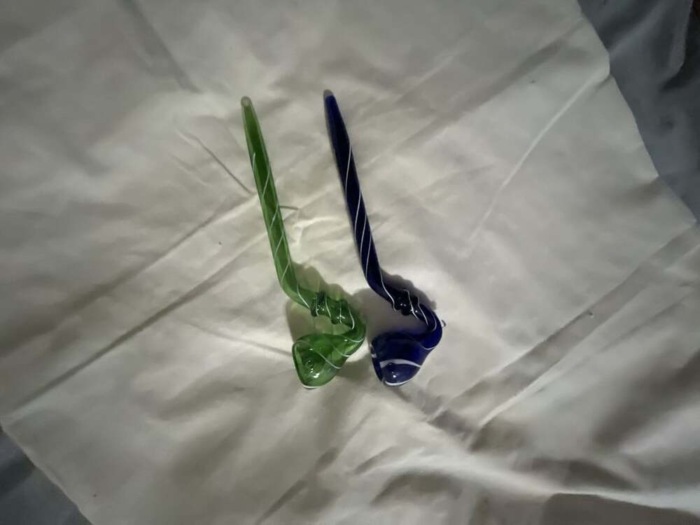 Handblown Glass Piece Sheriff Style Green Blue Pair